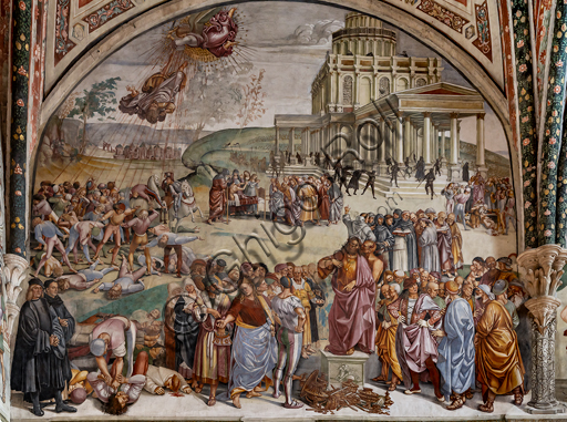 Orvieto, Basilica Cattedrale di Santa Maria Assunta (o Duomo), interno, Cappella Nova o di San Brizio, lunetta della parete ovest: "Predica e fatti dell'Anticristo", affresco di Luca Signorelli, (1500 - 1502). I personaggi vestiti di nero in basso a sinistra sono i ritratti di Luca Signorelli e Beato Angelico.