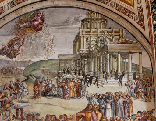  Orvieto,  Basilica Cathedral of Santa Maria Assunta (or Duomo), the interior, Chapel Nova or St. Brizio Chapel, lunette of the west wall: "Preaching and the facts of the Antichrist", fresco by Luca Signorelli, (1500 - 1502). Detail.