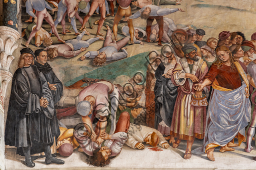  Orvieto,  Basilica Cathedral of Santa Maria Assunta (or Duomo), the interior, Chapel Nova or St. Brizio Chapel, lunette of the west wall: "Preaching and the facts of the Antichrist", fresco by Luca Signorelli, (1500 - 1502). The men dressed in black on the left hand side of the wall are the portratis of Luca Signorelli and Beato Angelico. Detail.
