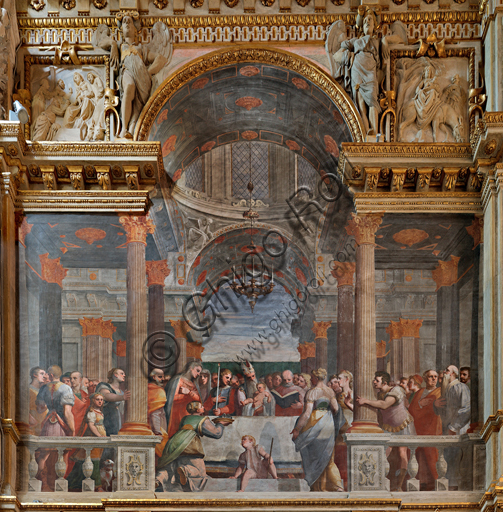 Genova, Duomo (Cattedrale di S. Lorenzo), interno, Cappella Lercari o del Santissimo Sacramento (abside settentrionale),  fianco settentrionale: "Presentazione di Gesù al Tempio", affresco di Luca Cambiaso, 1567-1569.