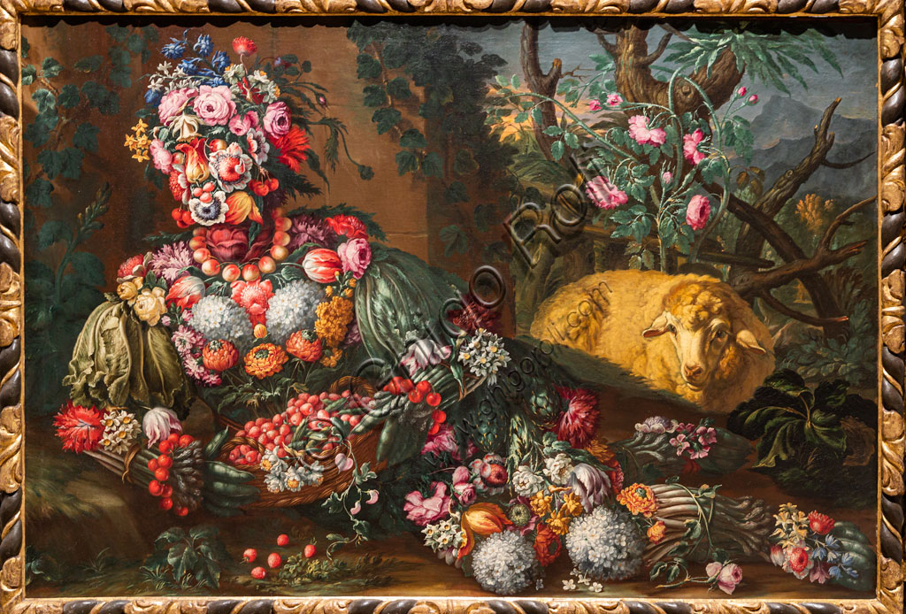Brescia, Pinacoteca Tosio Martinengo: "Spring", oil on canvas by Antonio Rasio inspired by the Metamorphoses by Ovid. The fanciful composition of seasonal fruits and flowers is as seen in paintings by Arcimboldo.