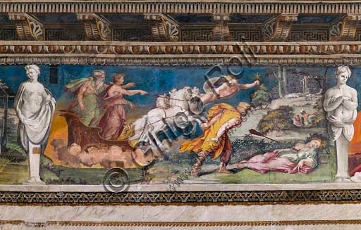 Rome, Villa Farnesina, The Hall of Perspectives: the ample frieze with mythological scenes inspired by the Ovid  Metamorphoses.  Detail of Procris impaled by the never erring javelin and Cephalus running towards her. On the left, Aurora and Titone on a chariot pulled by four horses. Aurora seems to be in some way responsible of the death of Procri, having caused her jealousy.In the backround, preceeding the cart, Venus, (Hesperus?) holding a star.Frescoes by Baldassarre Peruzzi and workshop (1517-18).