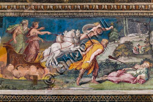 Rome, Villa Farnesina, The Hall of Perspectives: the ample frieze with mythological scenes inspired by the Ovid  Metamorphoses.  Detail of Procris impaled by the never erring javelin and Cephalus running towards her. On the left, Aurora and Titone on a chariot pulled by four horses. Aurora seems to be in some way responsible of the death of Procri, having caused her jealousy.In the backround, preceeding the cart, Venus, (Hesperus?) holding a star.Frescoes by Baldassarre Peruzzi and workshop (1517-18).