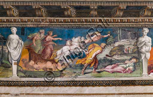 Roma, Villa Farnesina, Sala delle Prospettive: fregio superiore con scene mitologiche ispirate alle Metamorfosi di Ovidio.  Affreschi di Baldassarre Peruzzi (1517-8).  Particolare.Procri è sdraiata in terra morente con una lancia conficcata nel petto. A sinistra è raffigurato il carro di Aurora, in qualche modo responsabile della morte di Procri, avendo la dea instillato nella giovane la gelosia verso il suo amato Cefalo, di cui si era invaghita. Aurora è accompagnata da Titone, principe troiano e musico, rapito e sposato dalla dea, la quale chiese per lui a Giove l'immortalità, dimenticando di chiedere anche l'eterna giovinezza (nell’affresco è infatti raffigurato come un vecchio con una lunga barba bianca). Venere (Èspero?) precede in volo il carro, reggendo una stella.