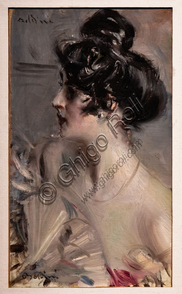 “Profile of a Young Brunette with her Hair in a bun”, by Giovanni Boldini, 1902-4, oil painting on canvas.