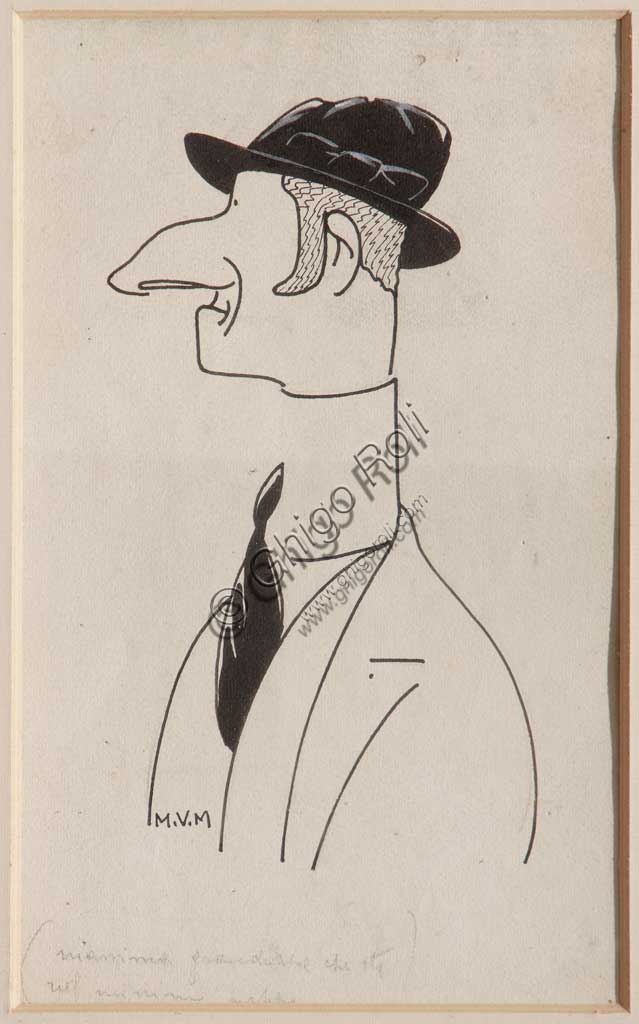 Collezione Assicoop - Unipol: Mario Vellani Marchi (1895-1979), "Profilo virile con bombetta". Inchiostro nero e acquerelleo bianco su carta.