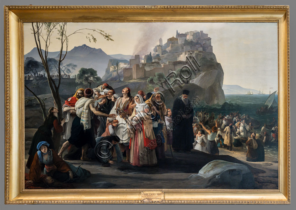 Brescia, Pinacoteca Tosio Martinengo: "I profughi di Parga", olio su tela di Francesco Hayez, 1826-31.L'episodio descritto da Francesco Hayez in questa tela raffigurante I profughi di Parga si ispira a un poemetto di Giovanni Berchet, intitolato, appunto, I profughi di Parga, e pubblicato nel 1823, nel quale si raccontava un evento realmente accaduto, l'occupazione della città greca di Parga da parte dei turchi nel 1819. Parga fu infatti ceduta dagli inglesi (era un protettorato della corona britannica) all'Impero Ottomano nel corso delle trattative per il possesso delle Isole Ionie. Gli abitanti non accettarono l'idea di doversi sottoporre ai turchi: così nel 1819, anno in cui i turchi presero ufficialmente possesso della città, gli abitanti abbandonarono le proprie case e migrarono verso le isole di Corfù e Cefalonia.