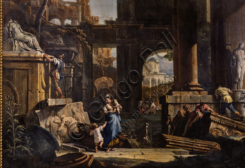 “Perspective with ruins and figures”, by Marco and Sebastian Ricci, 1720-9, oil painting on canvas. Detail.
