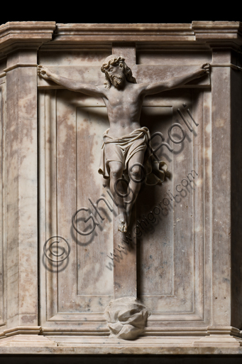 , Genoa, Duomo (St. Lawrence Cathedral), inside, the nave: "the pulpit - detail of the Crucifixion" (1526-7), by Pierangelo Scala.
