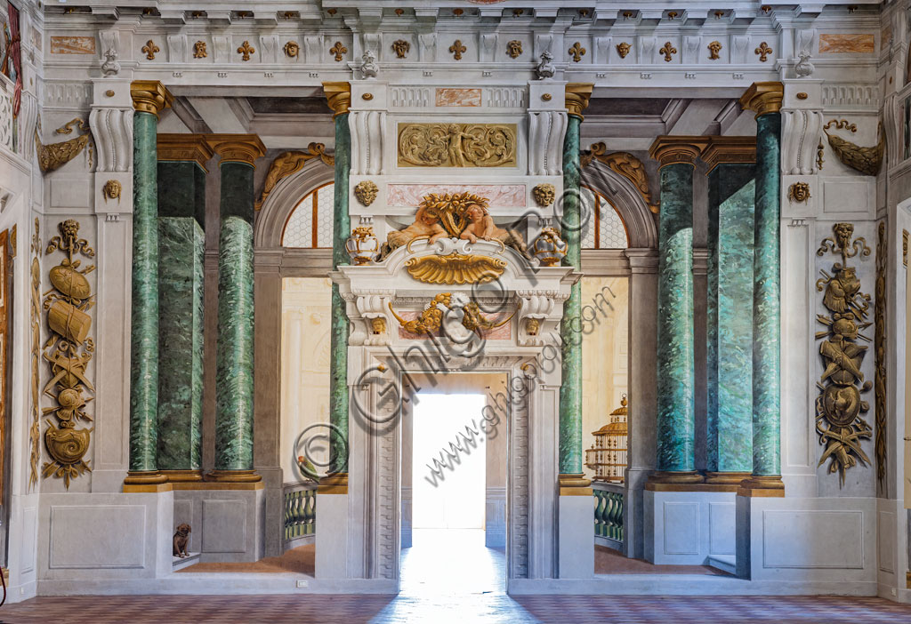 Sassuolo, Este Ducal Palace; Hall of the Guards: the ceiling of the hall with the “Bologna Quarters” by Angelo Michele Colonna, Agostino Mitelli, Baldassarre Bianchi and Gian Giacomo Monti. View towards the South West wall.