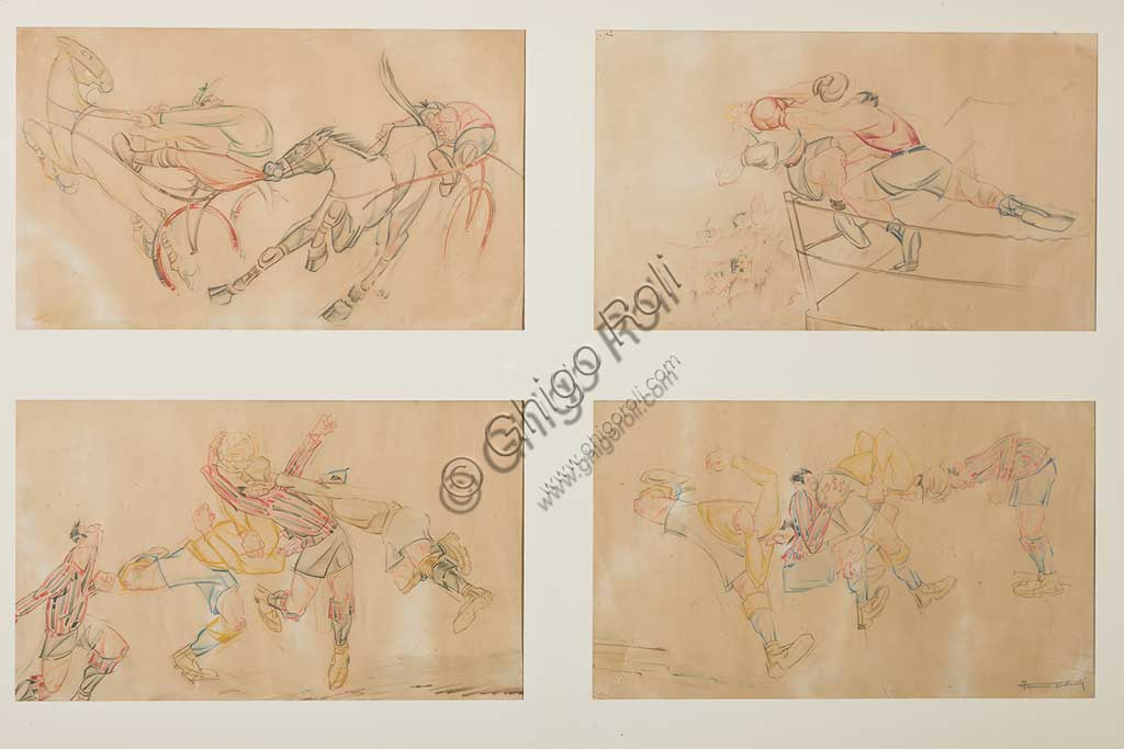 Assicoop - Unipol Collection: Ferruccio Venturelli (1888 - 1969); "Four Caricature"; mixed media, cm. 22 x 36,5.