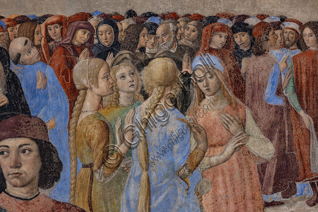 “Miracle of the Sacrament”, fresco by Cosimo Rosselli (1484- 1488): detail with four female figures.Florence, Church of St. Ambrose, chapel of the Miracle of the Sacrament.