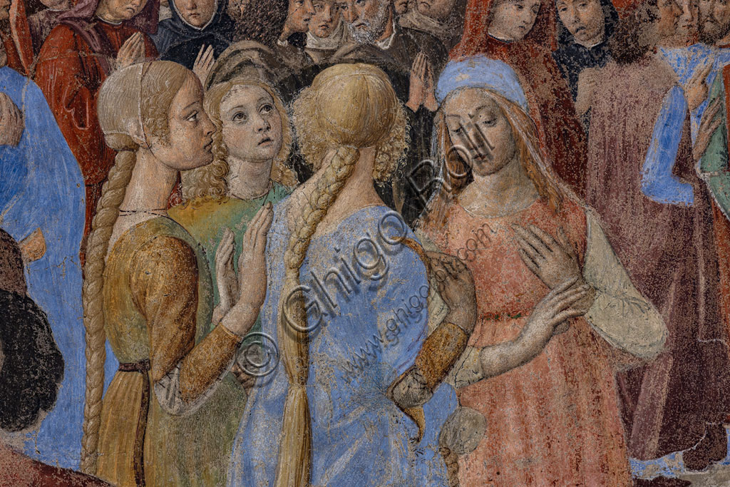 “Miracolo del Sacramento”, affresco di Cosimo Rosselli (1484- 1488): particolare con quattro figure femminili.Firenze, Chiesa di S. Ambrogio, cappella del Miracolo del Sacramento.