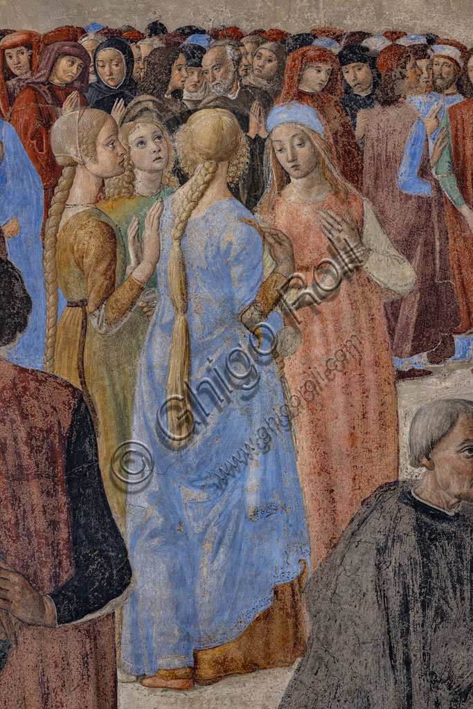 “Miracle of the Sacrament”, fresco by Cosimo Rosselli (1484- 1488): detail with four female figures.Florence, Church of St. Ambrose, chapel of the Miracle of the Sacrament.