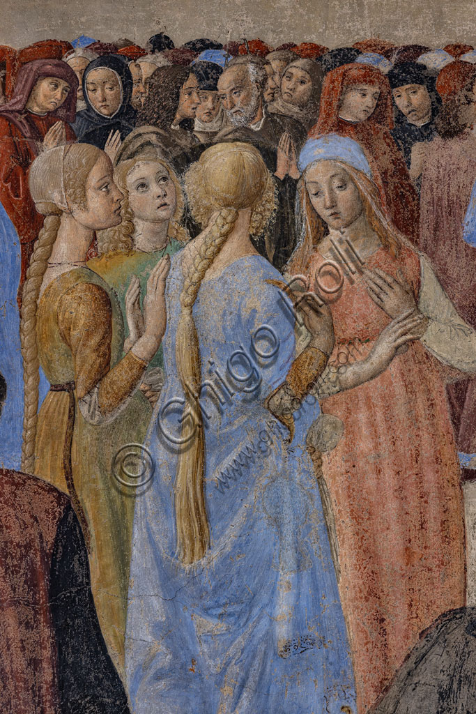 “Miracle of the Sacrament”, fresco by Cosimo Rosselli (1484- 1488): detail with four female figures.Florence, Church of St. Ambrose, chapel of the Miracle of the Sacrament.