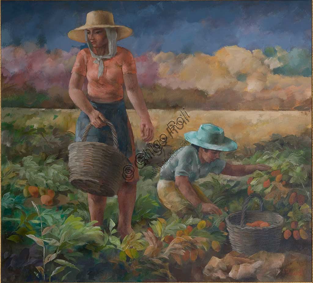 Assicoop - Unipol Collection: "Tomatoes Harvest", oil on canvas, by  Adriano Boccaletti (1937 - 2002 ).
