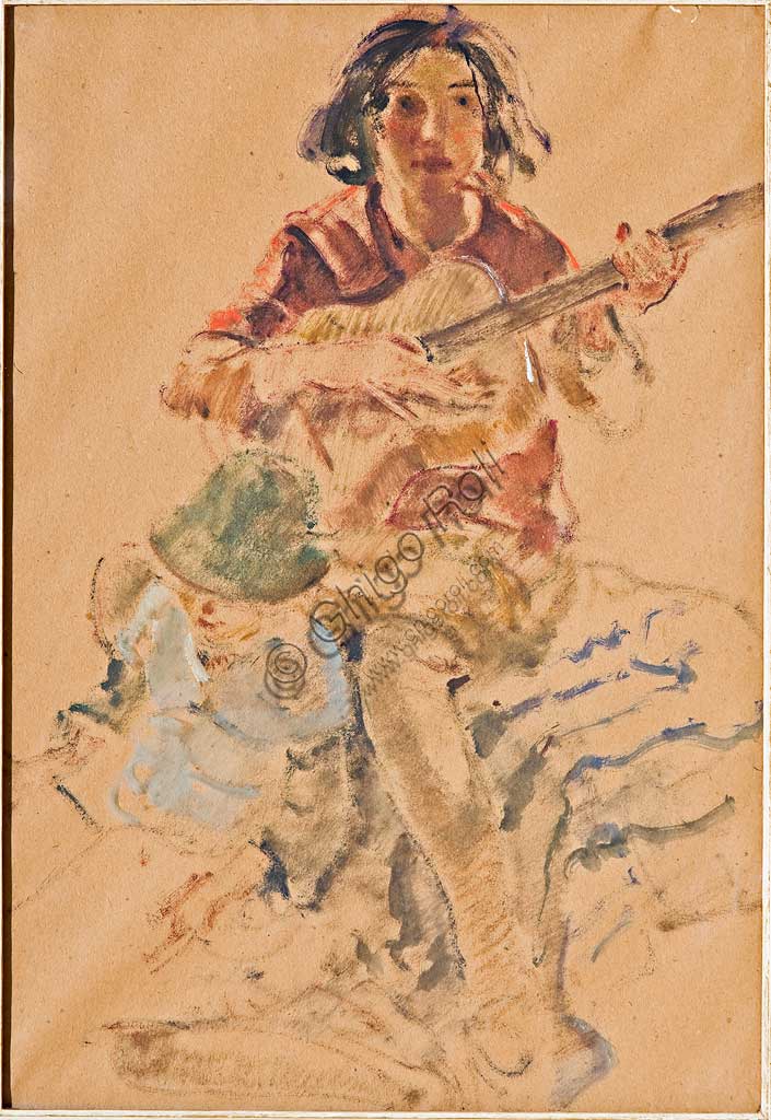 Collezione Assicoop Unipol:  Giovanni Forghieri (1898 - 1944), "Ragazza con chitarra". Tecnica mista su carta, cm 46,5 x 33,5.
