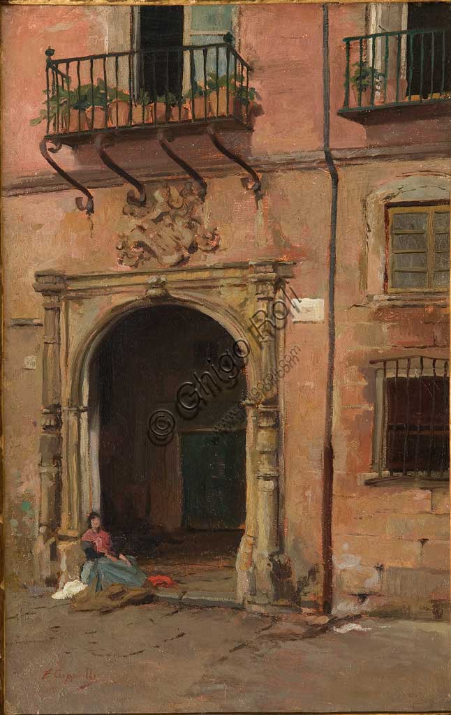   Assicoop - Unipol Collection: Evaristo Cappell (1868 - 1951): "Girl before the front  door", oil on canvas, cm: 80 x 50.