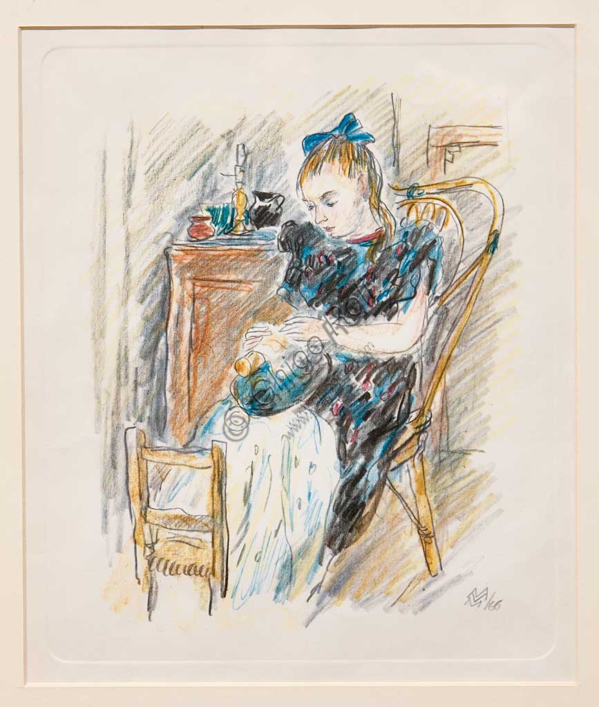 Collezione Assicoop / Unipol: Mario Vellani Marchi (1895 - 1979), "Ragazza seduta che lavora al tombolo"; incisione acquerellata.