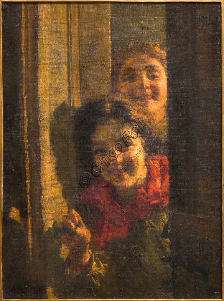Collezione Assicoop - Unipol: "Ragazze alla porta", 1914, olio su tela, di Gaetano Bellei (1857 - 1922).