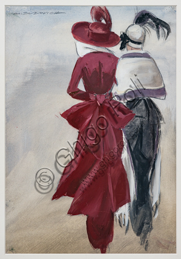 “Ragazze di spalle con cappello piumato”, bozzetto a tempera, grafite e pastello su carta, di Marcello Dudovich, 1954-5.