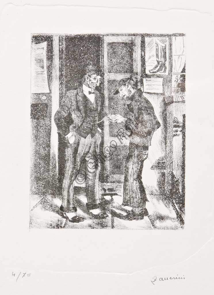 Assicoop - Unipol Collection:Remo Zanerini, "A boy watching a gentleman's pocket watch", Lithograph