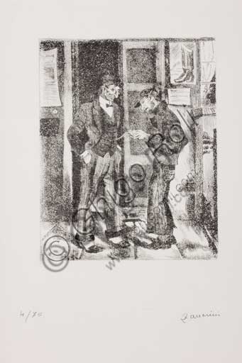 Collezione Assicoop - Unipol,inv. n° 440: Remo Zanerini (1923 -), "Ragazzo guarda l'orologio da taschino di un signore". Litografia.