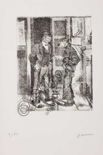 Assicoop - Unipol Collection:Remo Zanerini (1923 -), "Boy looking at a gentleman's pocket watch". Lithograph.