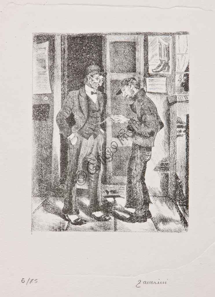 Collezione Assicoop Unipol: Remo Zanerini; "Ragazzo guarda l'orologio da taschino di un signore"; Litografia.