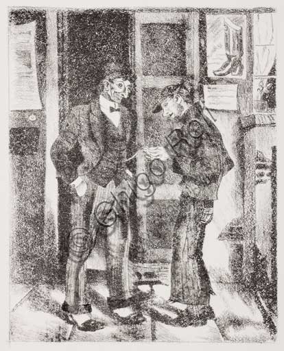 Assicoop - Unipol Collection:Remo Zanerini (1923 -), "Boy looking at a gentleman's pocket watch". Lithograph.
