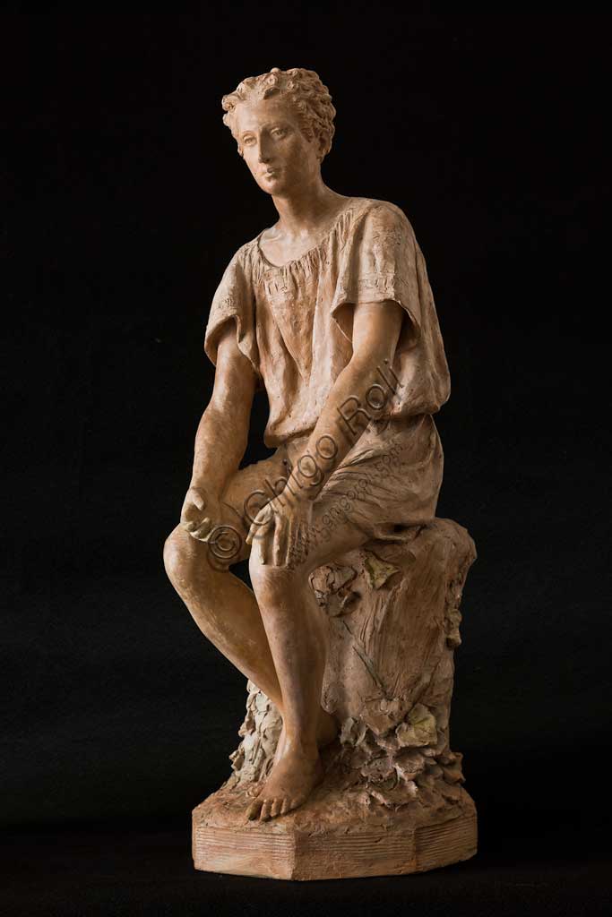 Assicoop - Unipol Collection: Silvestro Barberini (1854 - 1916), "Sitting Boy"; terracotta. H.cm 72.