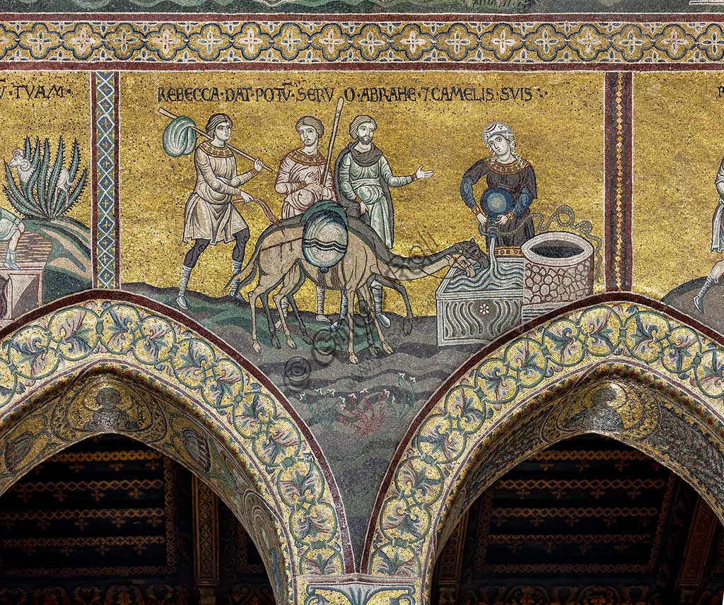 Monreale, Duomo: "Rebecca abbevera Abramo e i suoi cammelli". Vecchio Testamento, Ciclo di Abramo. , mosaico bizantino, Ciclo del Vecchio Testamento - Abramo, XII - XIII sec. Iscrizione latina: "REBECCA DAT POTUM SERVO ABRAMÆ ET CAMELIS SUIS".