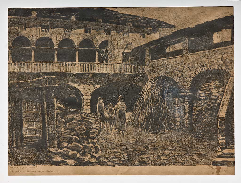 Assicoop - Unipol Collection: Mario Vellani Marchi (1895 - 1979), "Medieval Ruins in Valtellina", Lithograph.