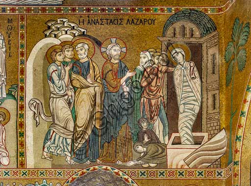 Palermo, Palazzo Reale o Palazzo dei Normanni,  Cappella Palatina (Basilica),navata centrale, ciclo di mosaici sulla vita di Gesù: la "La Resurrezione di Lazzaro", XII secolo.