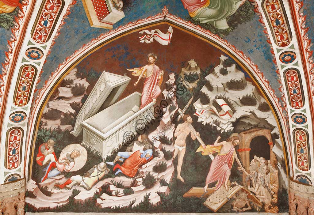 Vignola Stronghold, the Contrari Chapel, Northern wall: "Resurrection" and "Descent into Limbo", fresco by the Master of Vignola, about 1420.At the center there is the good thief Disma, in the lower right corner Jesus takes Adam's hand. At the feet of Christ, the gates of Hell and the figure of the Devil on the ground. On the left,  the snake that changes its skin is a positive symbol of regeneration.