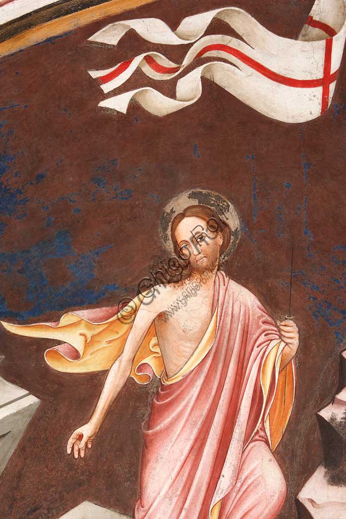 Vignola Stronghold, the Contrari Chapel, Northern wall: "Resurrection" and "Descent into Limbo", fresco by the Master of Vignola, about 1420. Detail of the resurrected Christ.