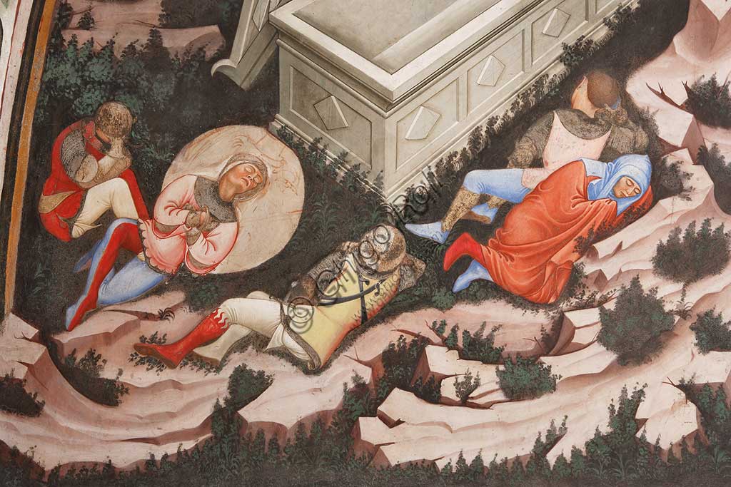 Vignola Stronghold, the Contrari Chapel, Northern wall: "Resurrection" and "Descent into Limbo", fresco by the Master of Vignola, about 1420. Detail of the Resurrection and the sleeping Roman soldiers.