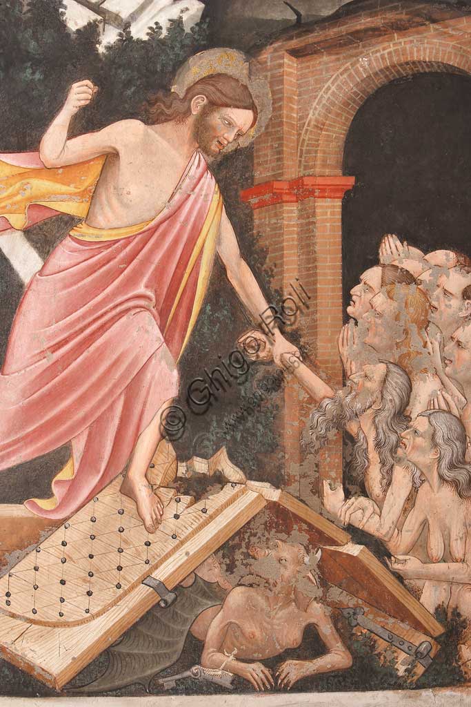 Rocca di Vignola, Cappella Contrari, parete settentrionale: "Resurrezione" e "Discesa al Limbo", affresco del Maestro di Vignola, anni Venti del Quattrocento. Particolare della "Discesa al Limbo" con Gesù che prende la mano di Adamo. Ai suoi piedi, le porte rotte dell'Inferno e il diavolo a terra.