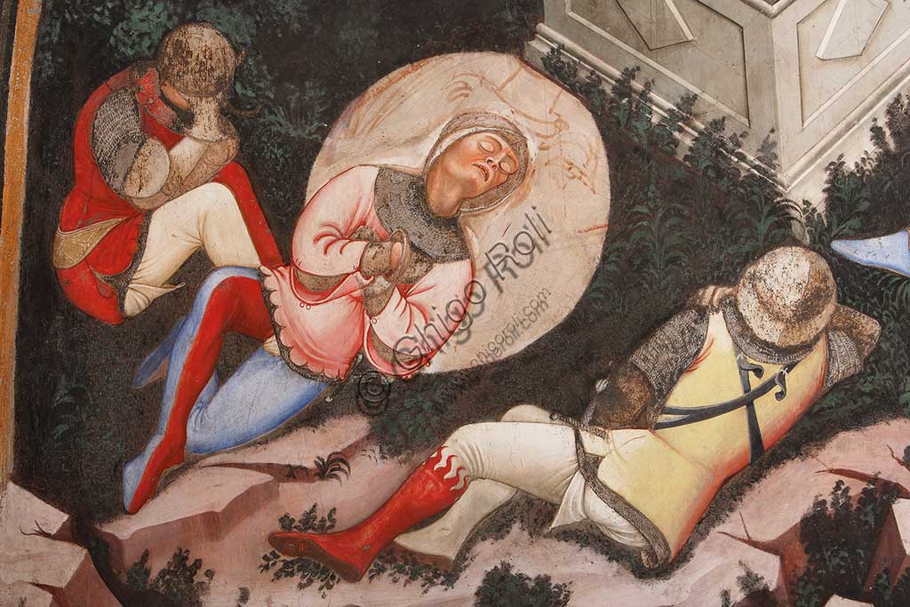 Vignola Stronghold, the Contrari Chapel, Northern wall: "Resurrection" and "Descent into Limbo", fresco by the Master of Vignola, about 1420. Detail of the sleeping Roman soldiers.