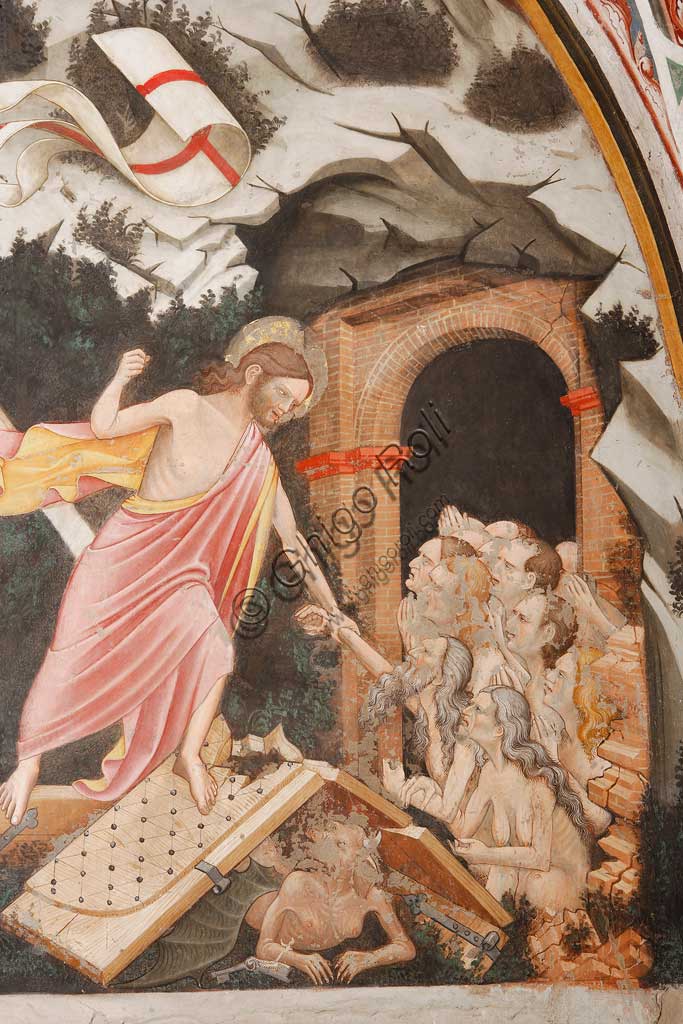 Vignola Stronghold, the Contrari Chapel, Northern wall: "Resurrection" and "Descent into Limbo", fresco by the Master of Vignola, about 1420. Detail of the "Descent into Limbo":  Jesus takes Adam's hand. At the feet of Christ, the gates of Hell and the figure of the Devil on the ground.