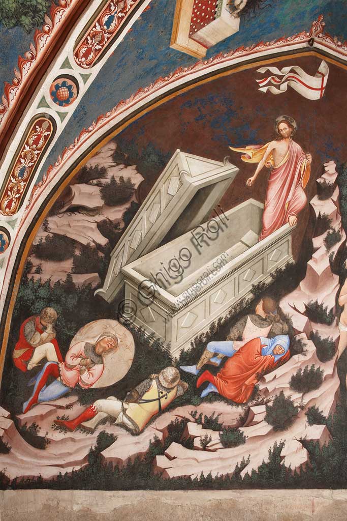 Vignola Stronghold, the Contrari Chapel, Northern wall: "Resurrection" and "Descent into Limbo", fresco by the Master of Vignola, about 1420. Detail of Christ and the sleeping Roman soldiers.