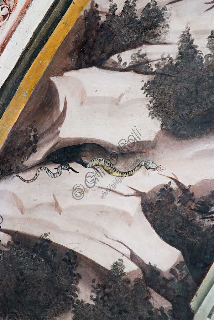 Vignola Stronghold, the Contrari Chapel, Northern wall: "Resurrection" and "Descent into Limbo", fresco by the Master of Vignola, about 1420. Detail of the Reesurrection with a snake in the vegetation changing its skin, as positive symbol of regeneration.