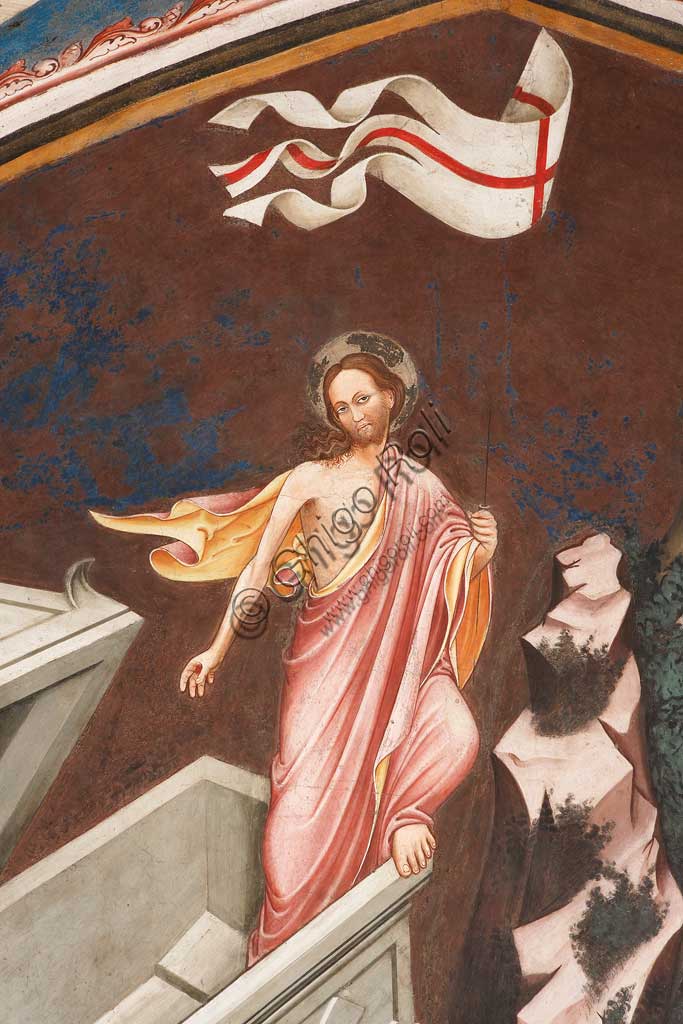 Rocca di Vignola, Cappella Contrari, parete settentrionale: "Resurrezione" e "Discesa al Limbo", affresco del Maestro di Vignola, anni Venti del Quattrocento. Particolare della figura di Cristo risorto.