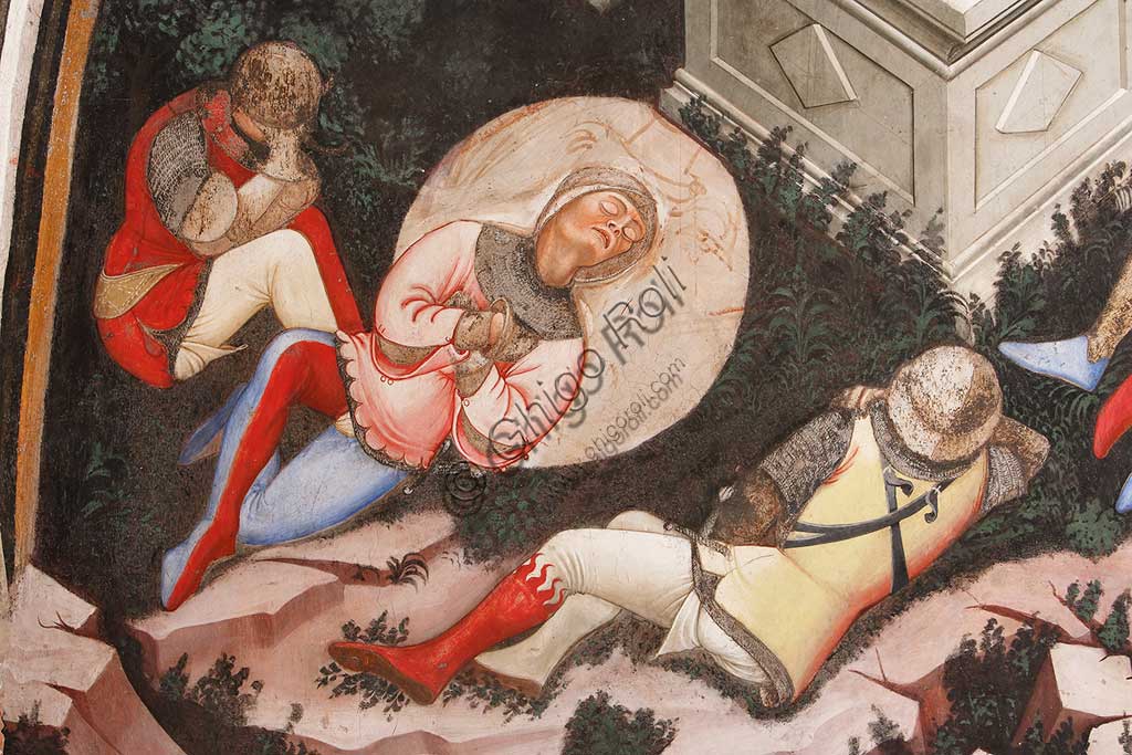 Vignola Stronghold, the Contrari Chapel, Northern wall: "Resurrection" and "Descent into Limbo", fresco by the Master of Vignola, about 1420. Detail of the sleeping Roman soldiers.