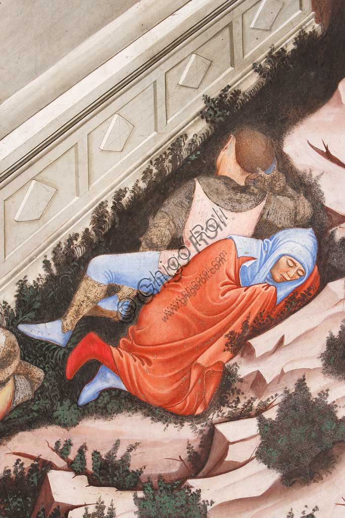 Vignola Stronghold, the Contrari Chapel, Northern wall: "Resurrection" and "Descent into Limbo", fresco by the Master of Vignola, about 1420. Detail of the sleeping Roman soldiers.