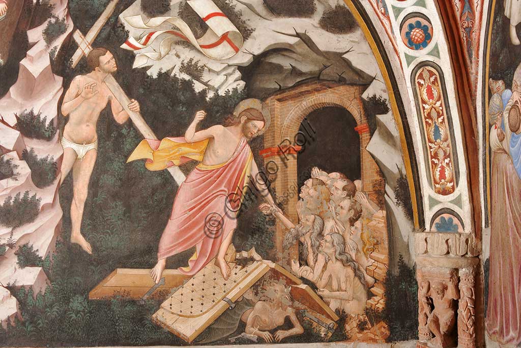 Vignola Stronghold, the Contrari Chapel, Northern wall: "Resurrection" and "Descent into Limbo", fresco by the Master of Vignola, about 1420. Detail of the "Descent into Limbo":  Jesus takes Adam's hand. At the feet of Christ, the gates of Hell and the figure of the Devil on the ground. Behing Christ there is the Good Thief.