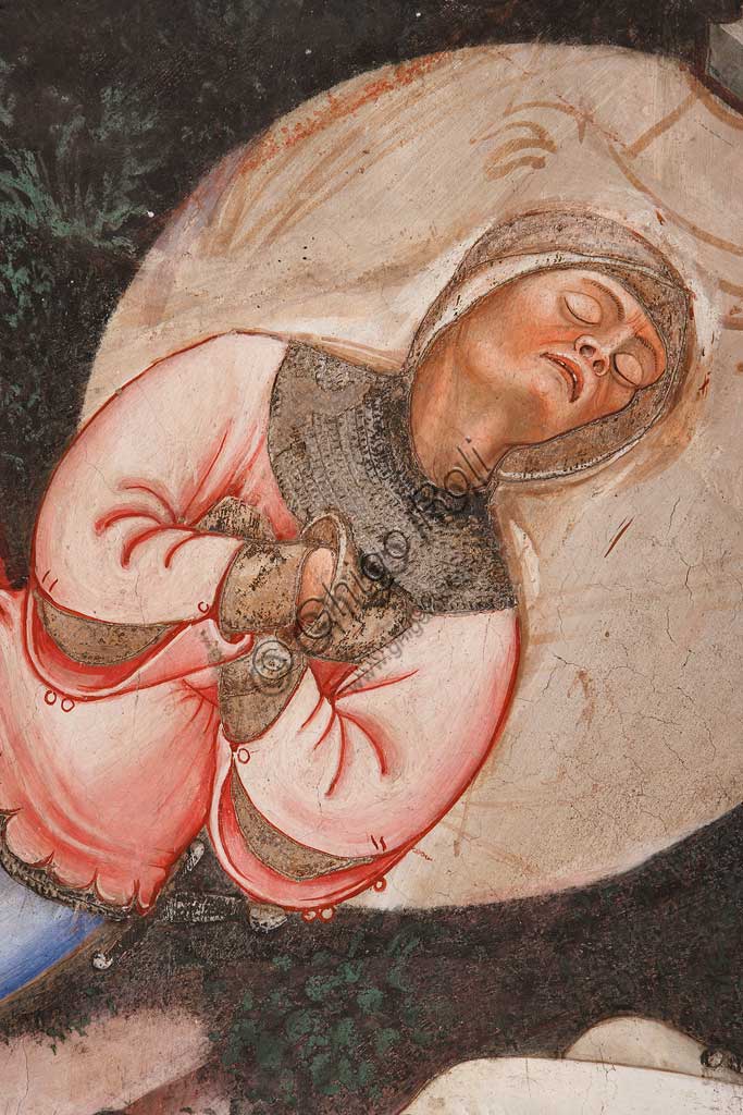 Vignola Stronghold, the Contrari Chapel, Northern wall: "Resurrection" and "Descent into Limbo", fresco by the Master of Vignola, about 1420. Detail of a sleeping Roman soldier.