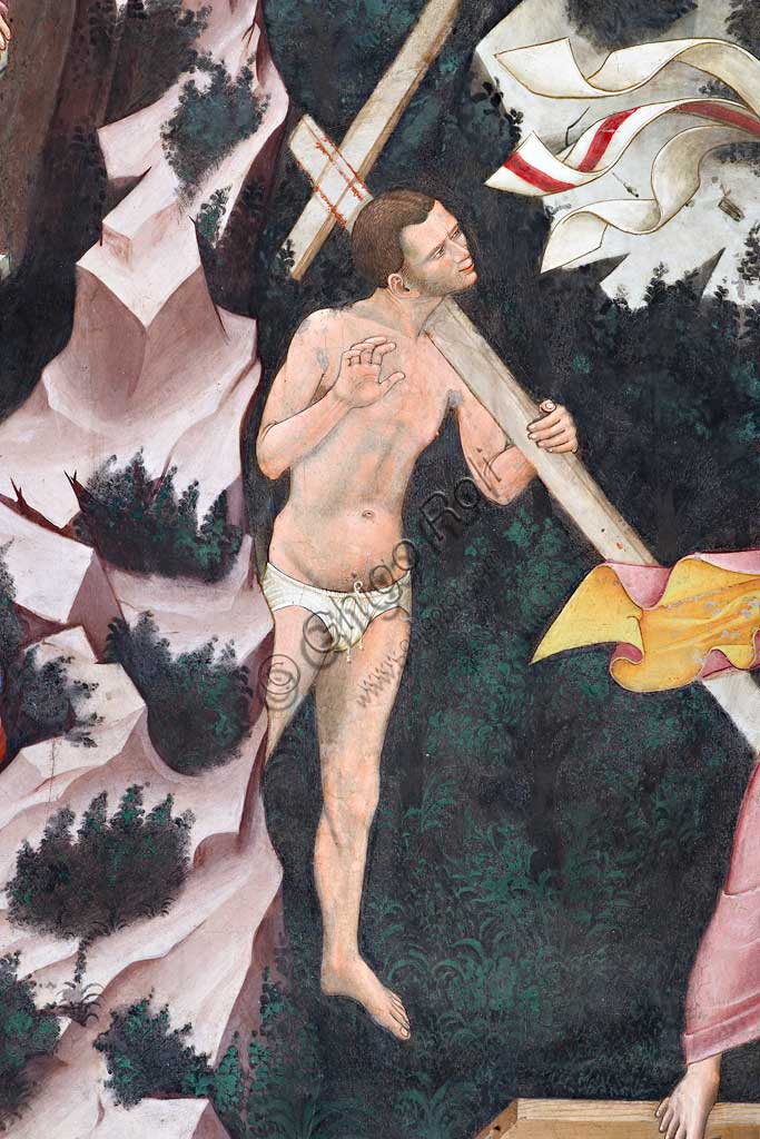 Vignola Stronghold, the Contrari Chapel, Northern wall: "Resurrection" and "Descent into Limbo", fresco by the Master of Vignola, about 1420. Detail of the "Descent into Limbo": the Good Thief.