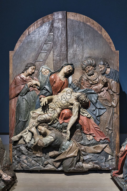  A wooden relief of the Calvary of Banska Stiavnica: "Mary weeps over the lifeless body of Jesus - Pietà", 1744-51. Carving on wood and polychrome.