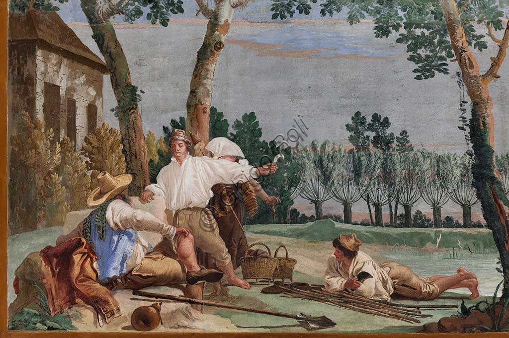 Vicenza, Villa Valmarana ai Nani, Foresteria, Stanza delle Scene Campestri: "Il riposo dei contadini" , affresco di Giandomenico Tiepolo, 1757. Particolare.
